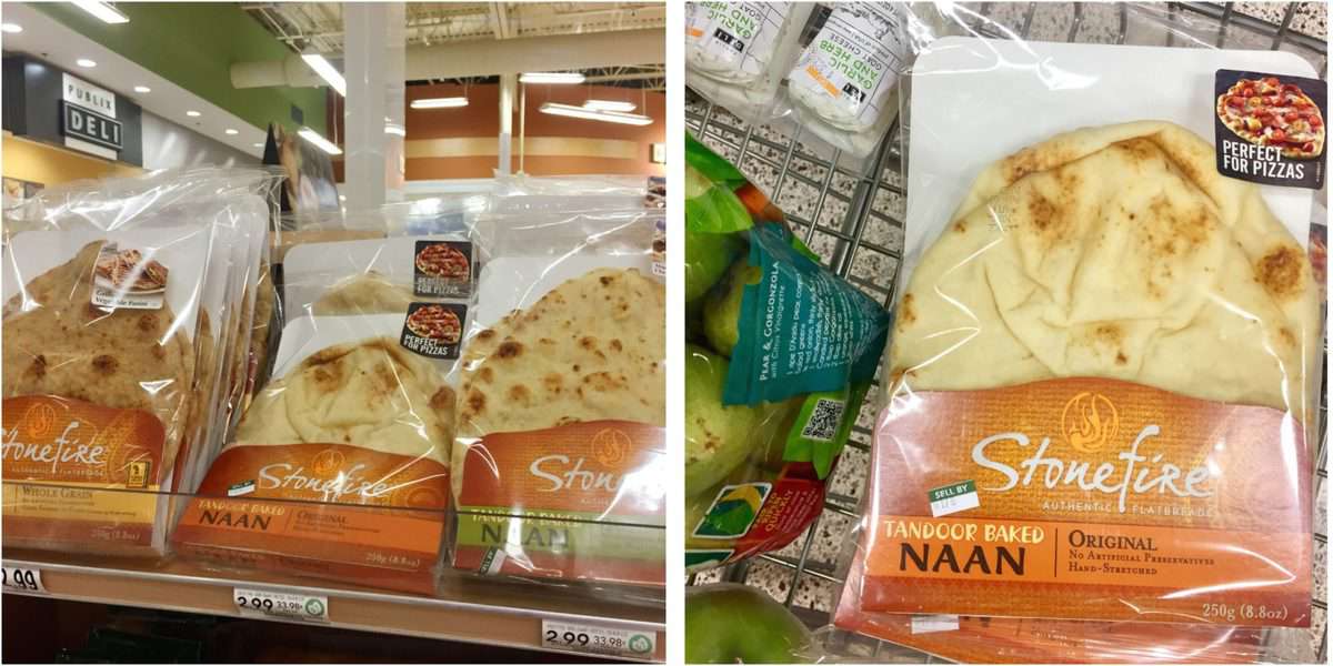 2 photo collage of Stonefire Authentic Flatbreads in store aisle and on shelf.