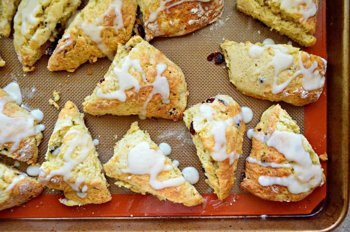 Top view of Cranberry Vanilla Yogurt Scones on baking sheet drizzled with white icing.