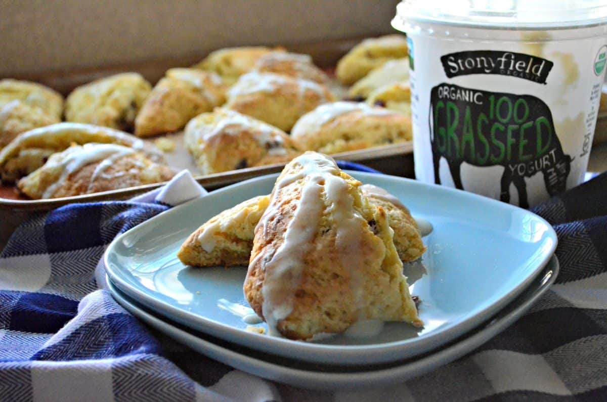 sliced and stacked scone with white glaze icing drizzled on light blue plate in front of stonyfield yogurt.