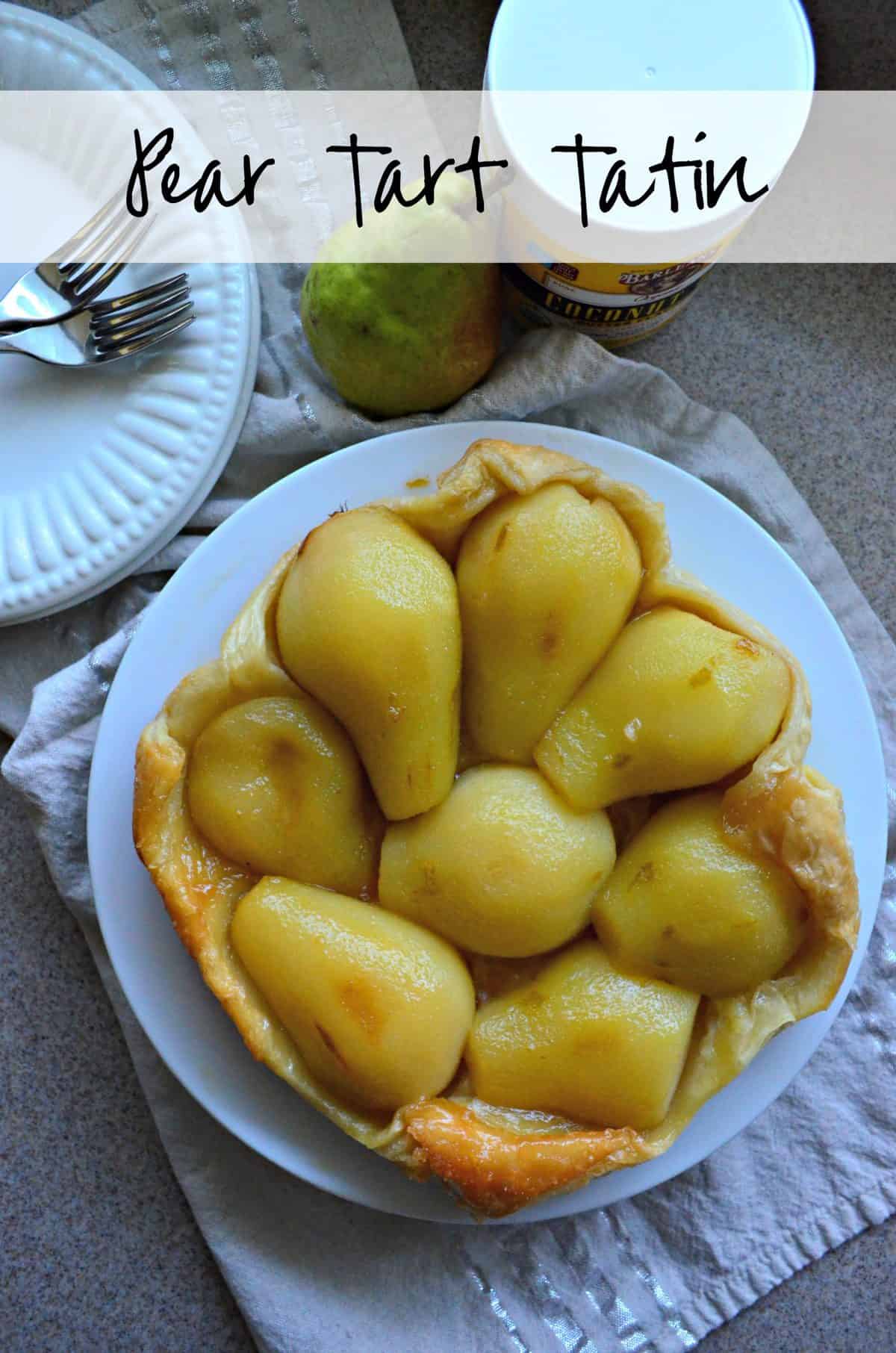  pastry-like crust filled with peeled golden pears on a white plate with title text.