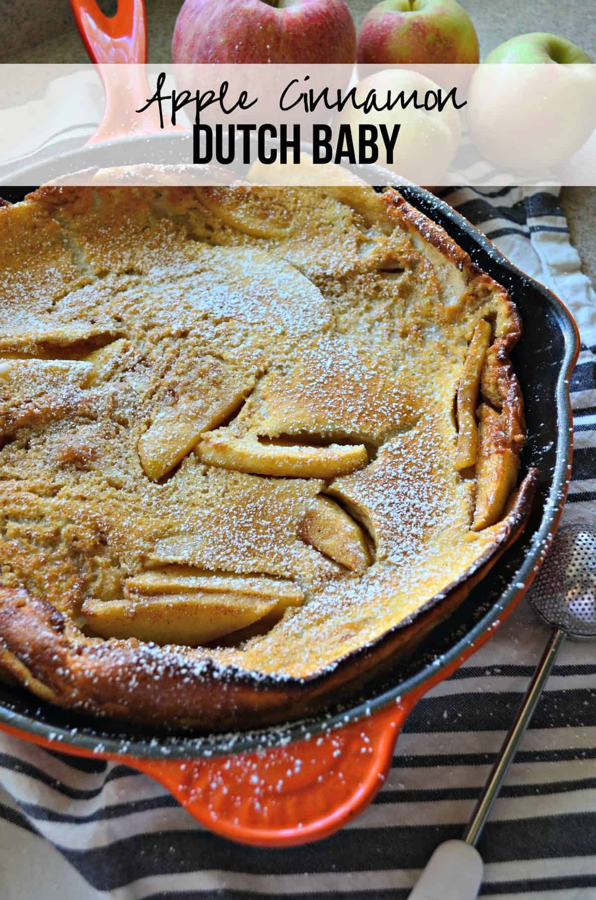 top view of pancake-like pastry with apple slices baked in, topped with powdered sugar with title text.