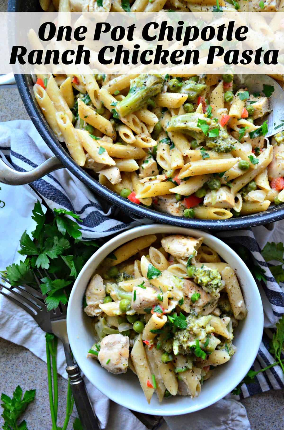 top view of penne with peas, herbs and spices, bell peppers, and broccoli in bowl and skillet with title text.