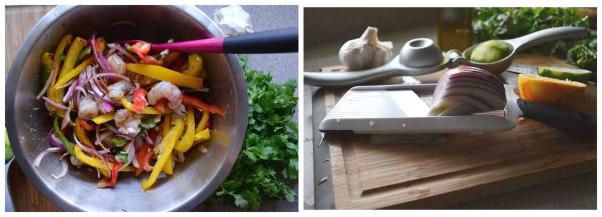 2 photo collage of process of chopping and mixing ingredients for Sheet Pan Citrus Rock Shrimp Fajitas.