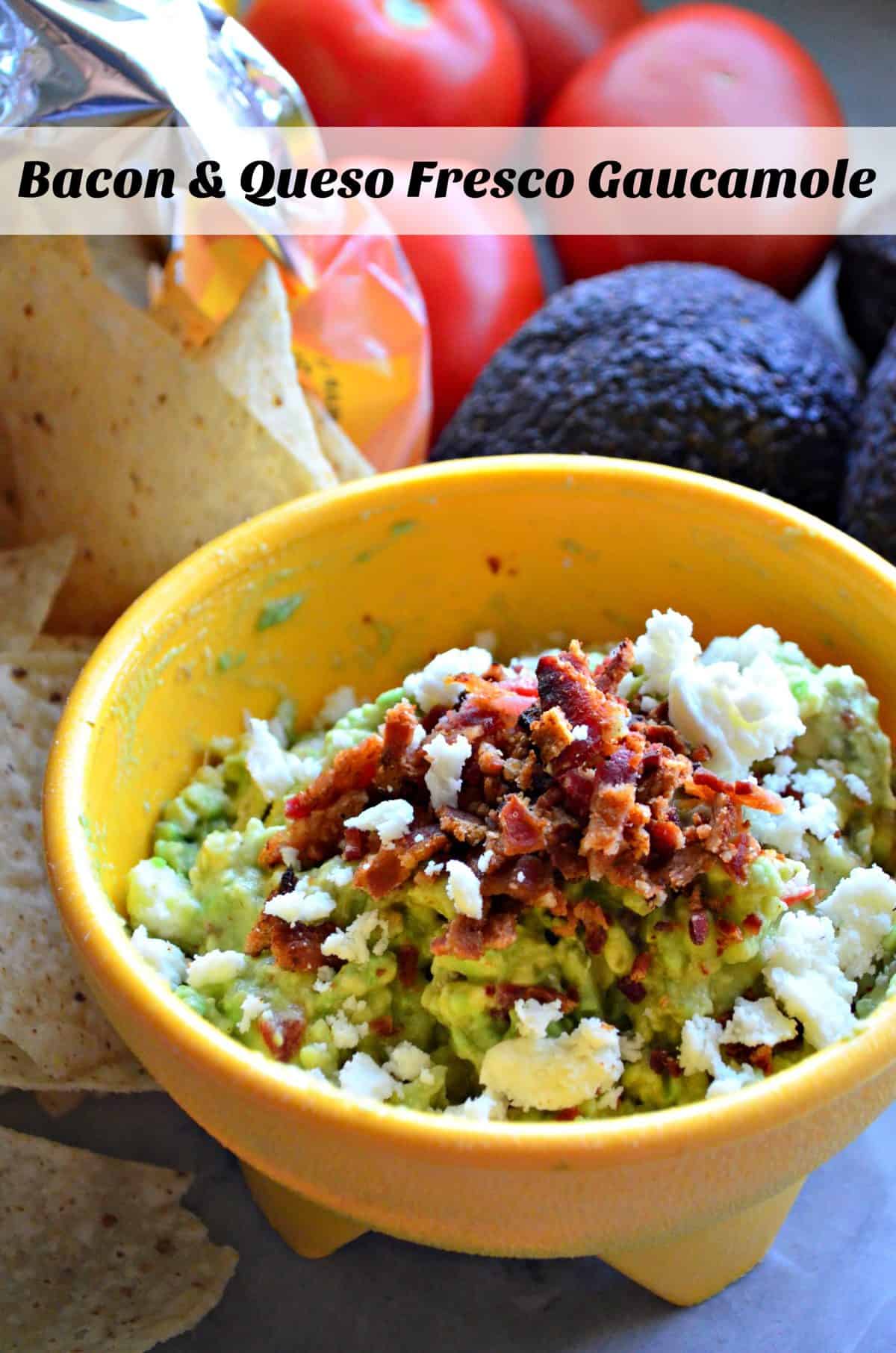 small yellow bowl of guacamole topped with queso fresco and bacon bits with title text.