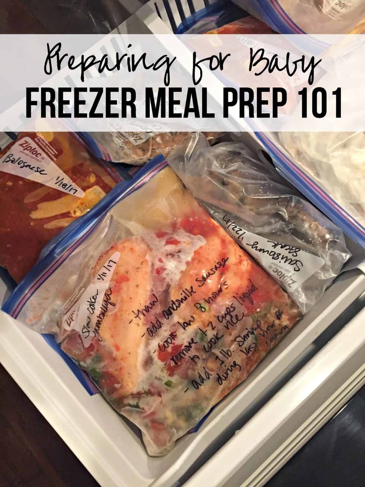 assorted frozen foods in zip lock bags in freezer drawer with title text for pinterest.