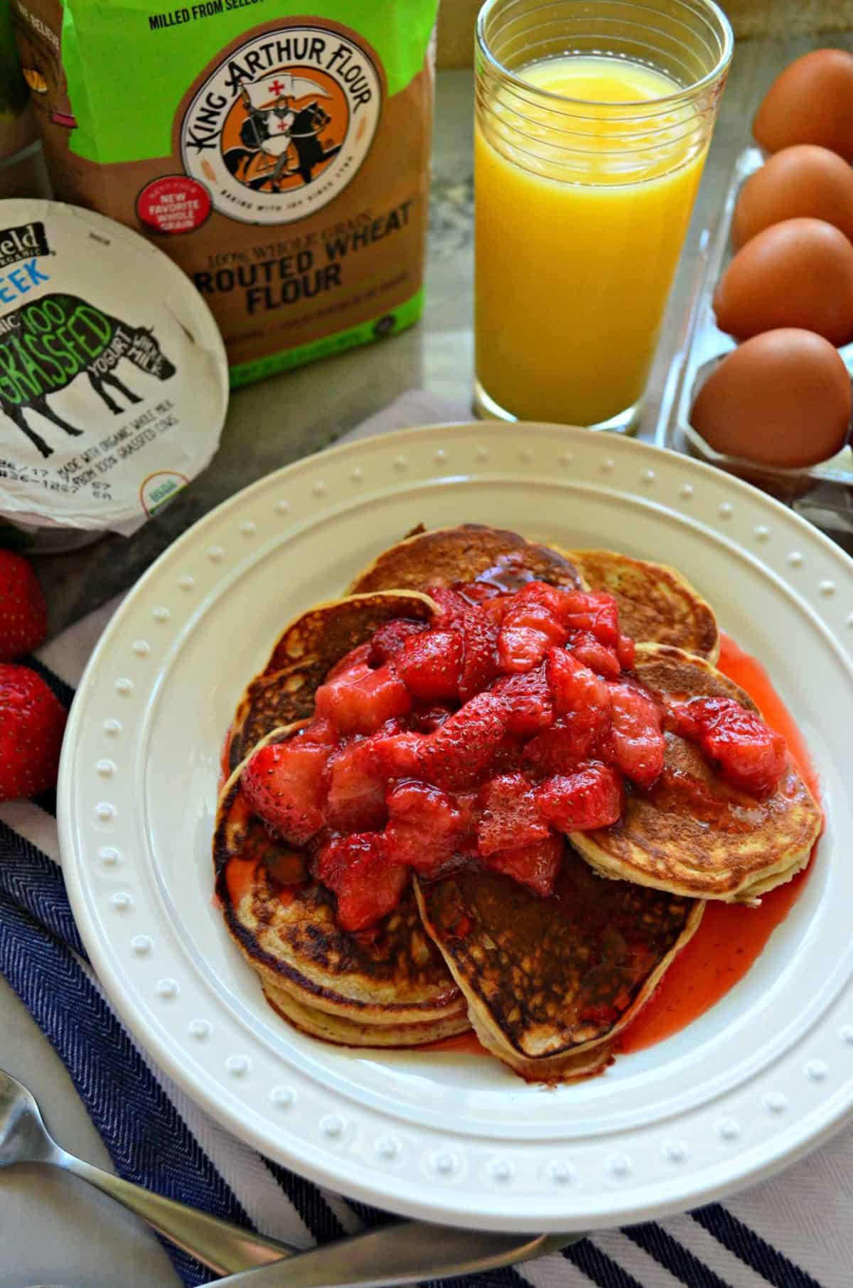 Small Batch Whole Wheat Strawberry Greek Yogurt Pancakes With