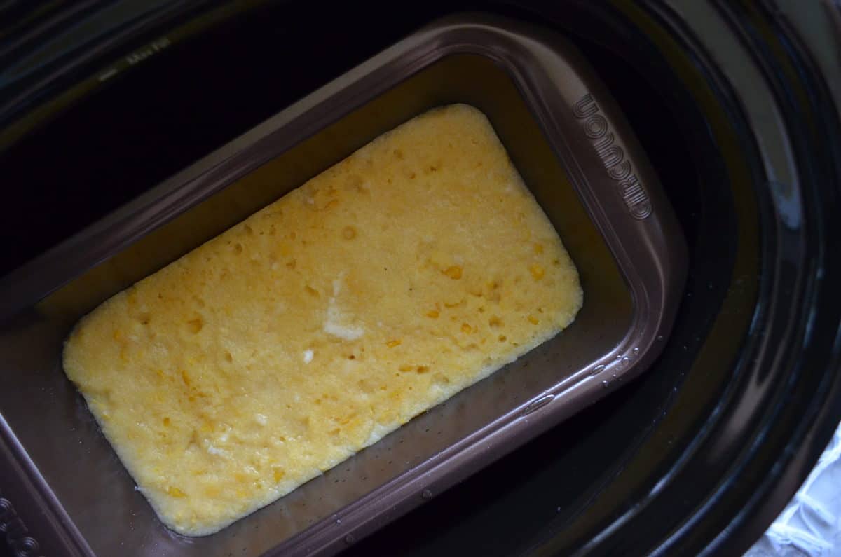 top view of bread pan filled with corn substance.