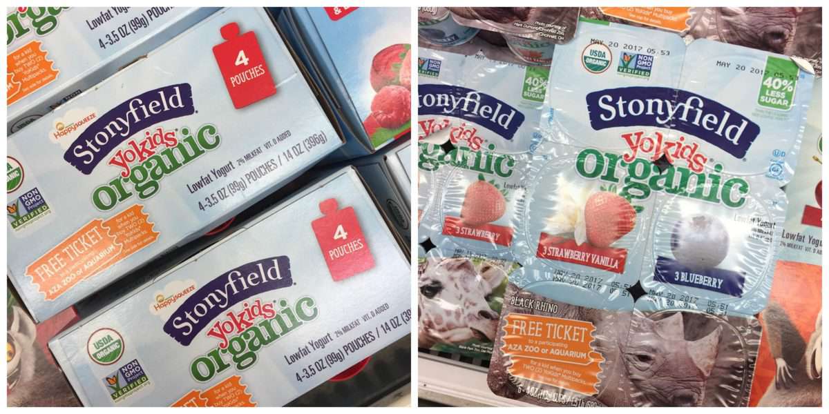 2 photo collage of Stonyfield Organic YoKids packaging.