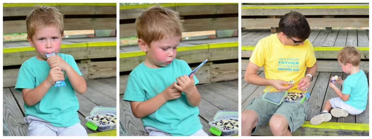 3 photo collage of father and son sitting on wooden steps enjoying mini muffins.