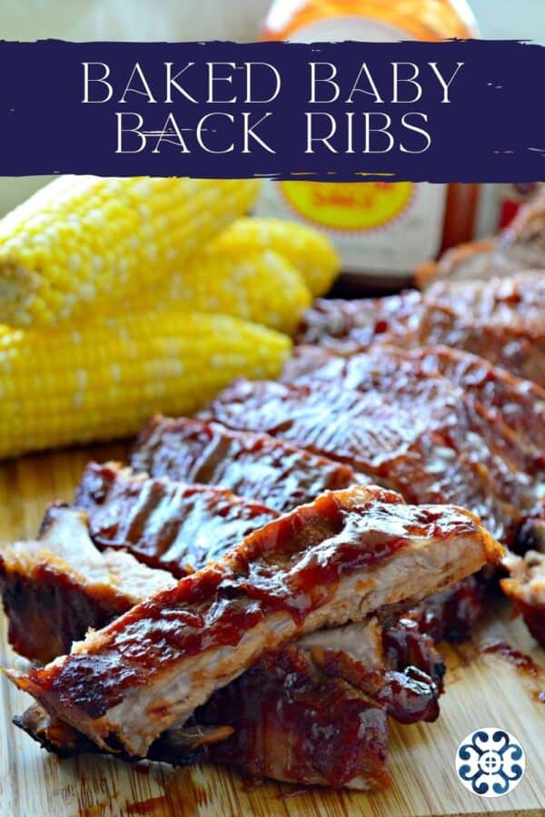 Ribs sliced on a wood cutting board with recipe title text on image for Pinterest.