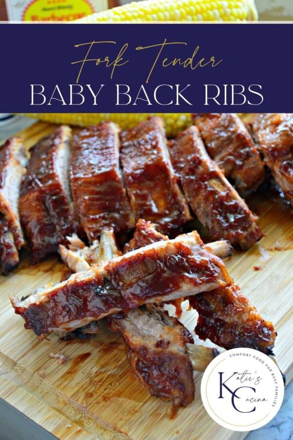 Three ribs off the bone on a wood cutting board with ribs in the background and text on top for Pinterest.
