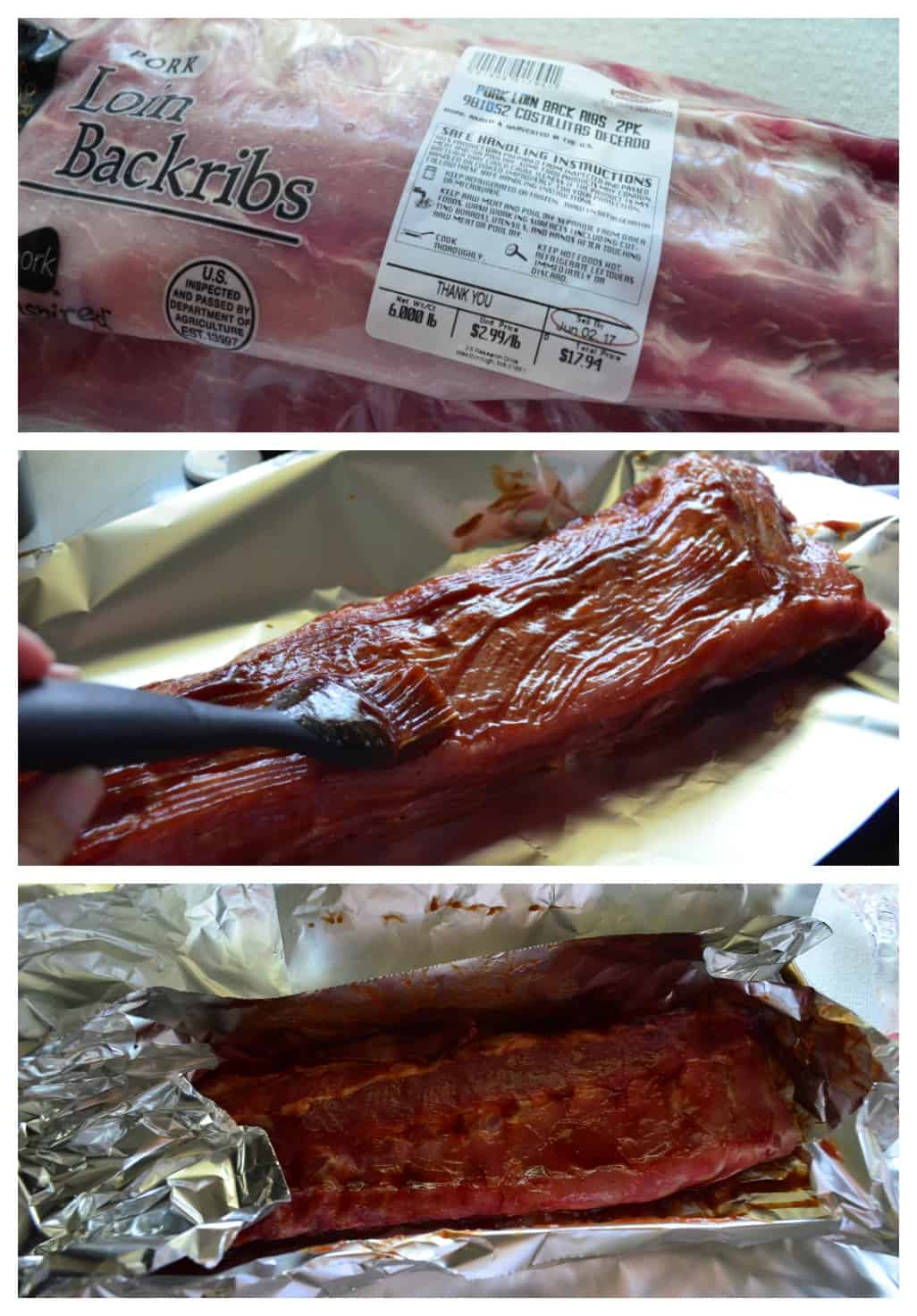 3 photo collage process photo of rubbing Baby Back Ribs with bbq sauce using brush.