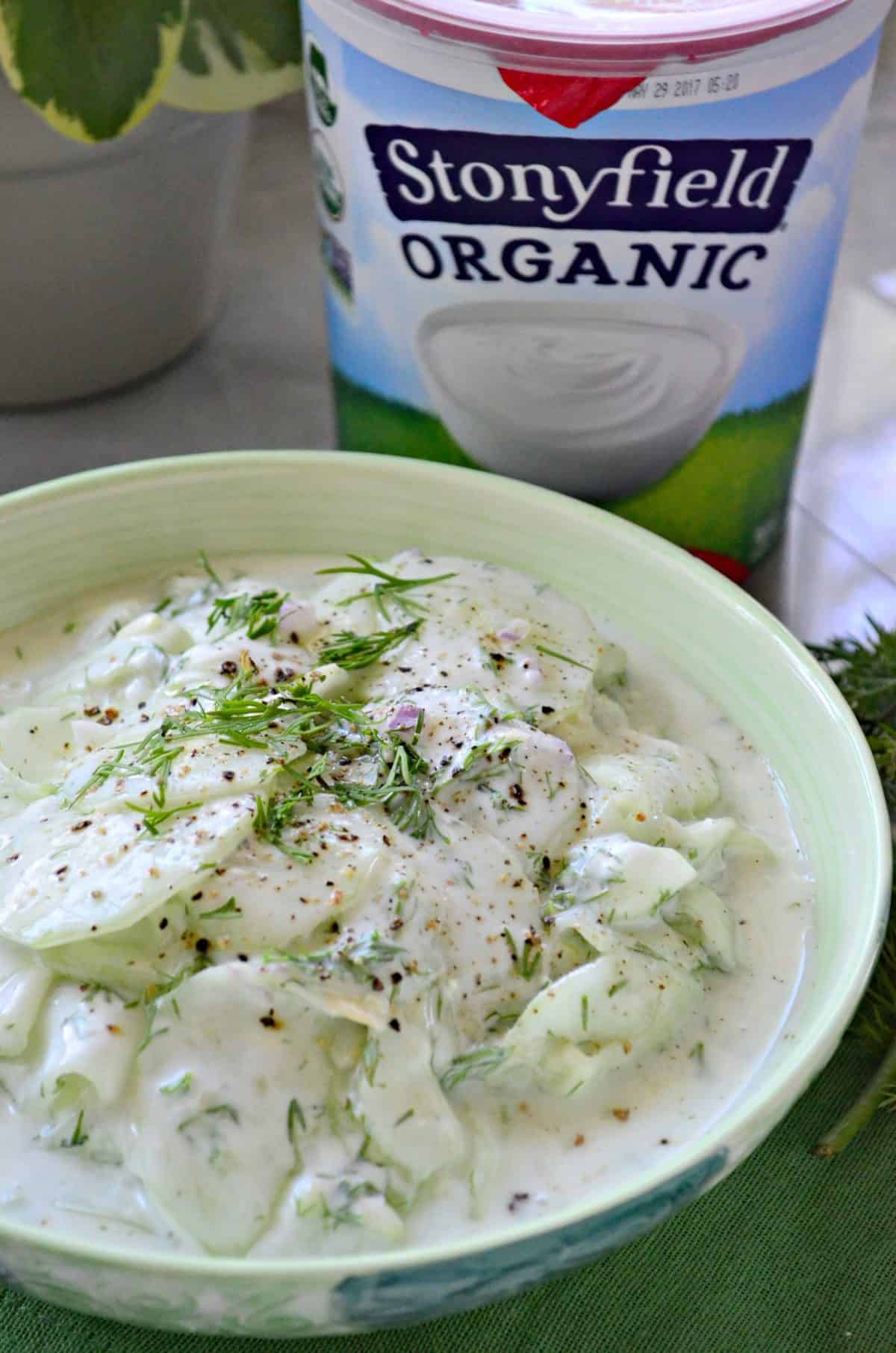 closeup bowl of yogurt dill cucumber salad on countertop in front of  stonyfield organic yogurt.