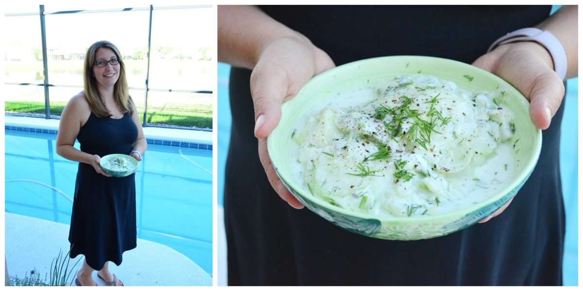 2 photo collage of woman in black prana dress holding up bowl of yogurt dill cucumber salad in front of pool.