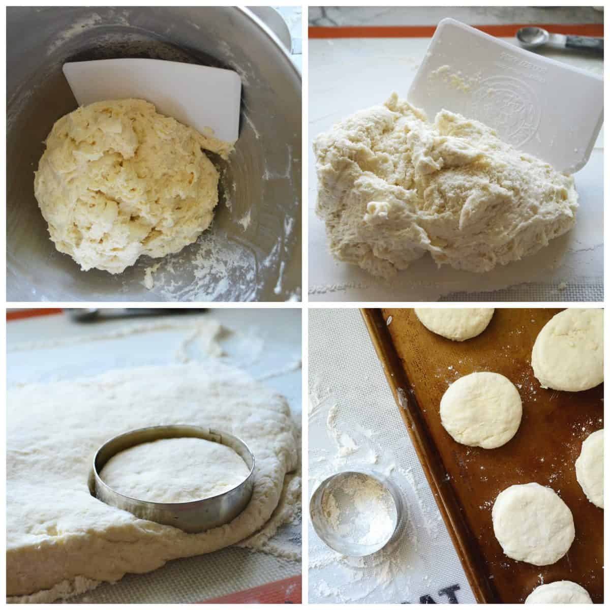 Four process shots of dough being scraped out of a bowl, cut, and placed on baking sheet.