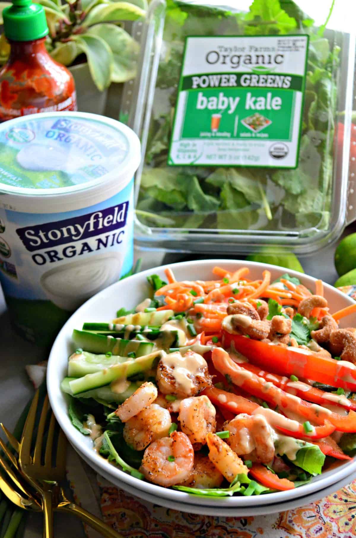 bowl of sliced cucumbers, kale, bell peppers, cashews, carrots, and seasoned shrimp with in front of kale and yogurt.