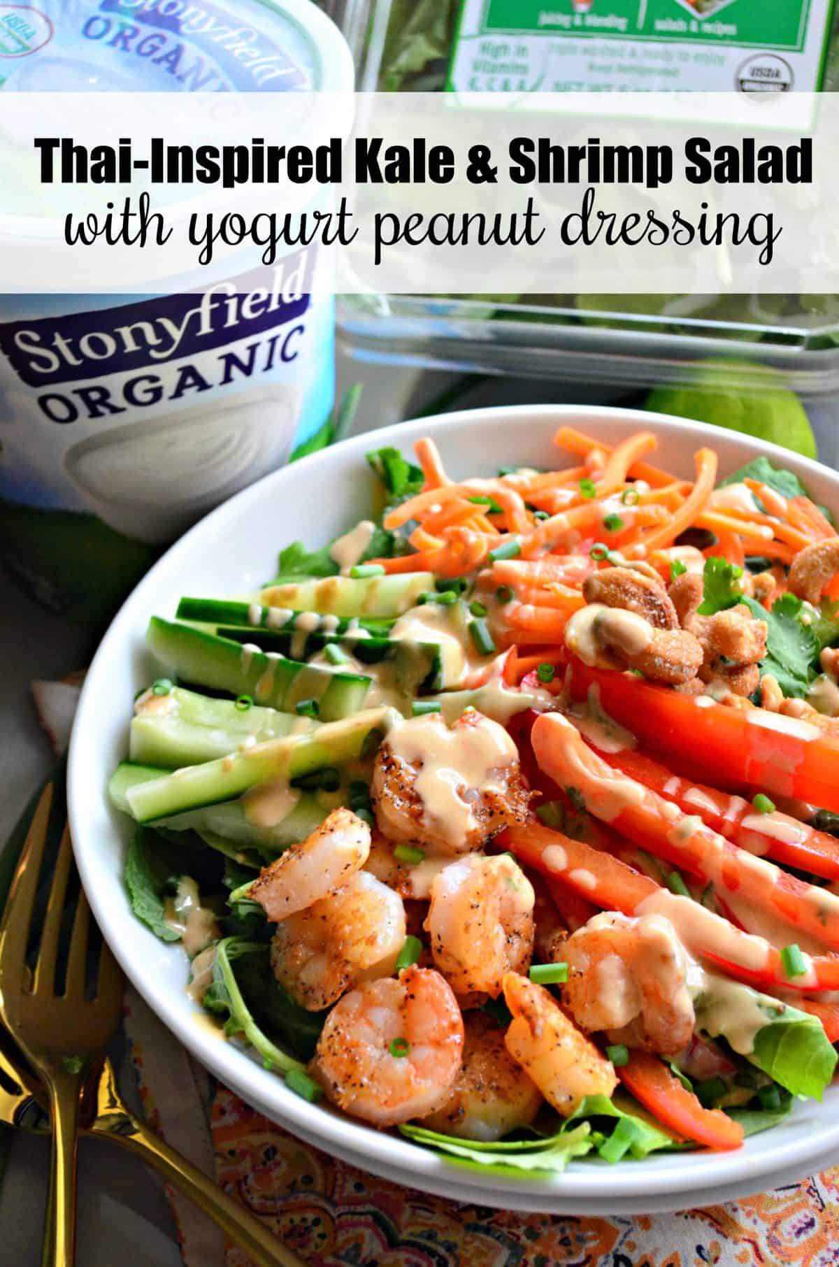 bowl of sliced cucumbers, kale, bell peppers, cashews, carrots, and seasoned shrimp with dressing and title text.