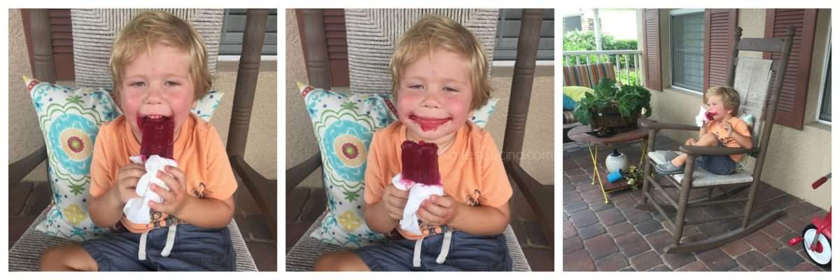 3 photo collage of toddler eating red popsicle in rocking chair with a huge red smile on his face.