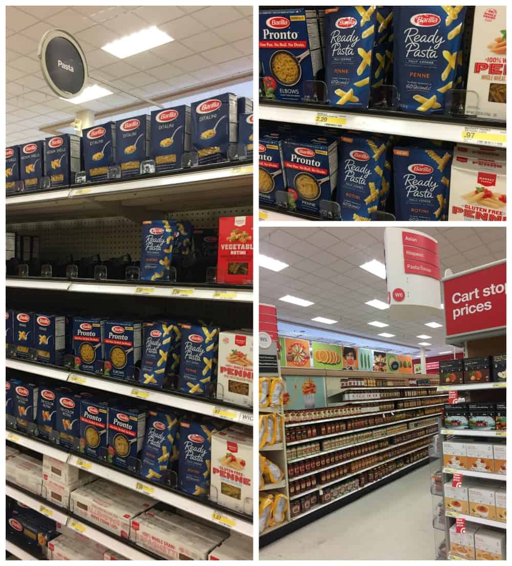 3 photo collage of barilla ready pasta in Target Superstore with aisle and shelf views.