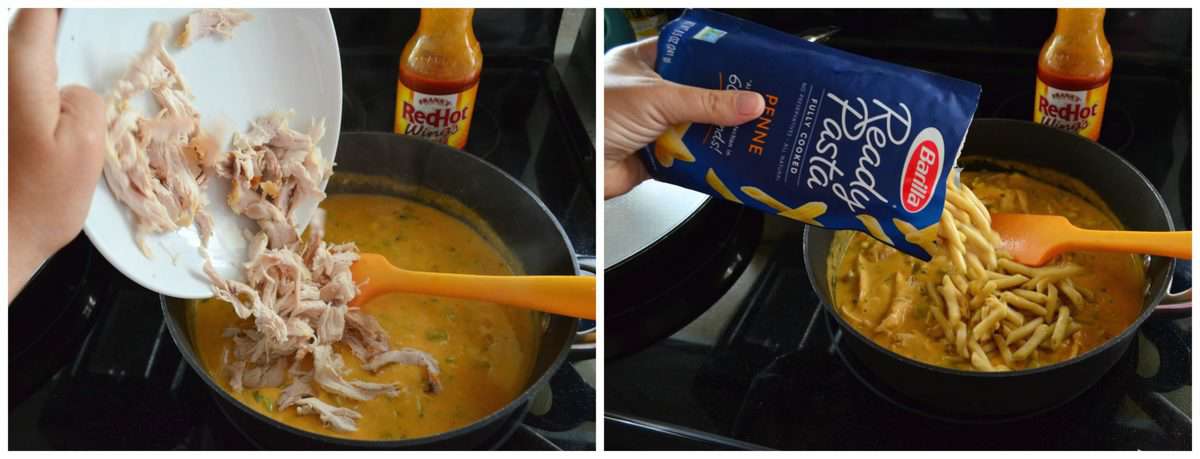 2 photo collage of chicken and penne pasta ready pasta being poured into pan with light orange colored sauce.