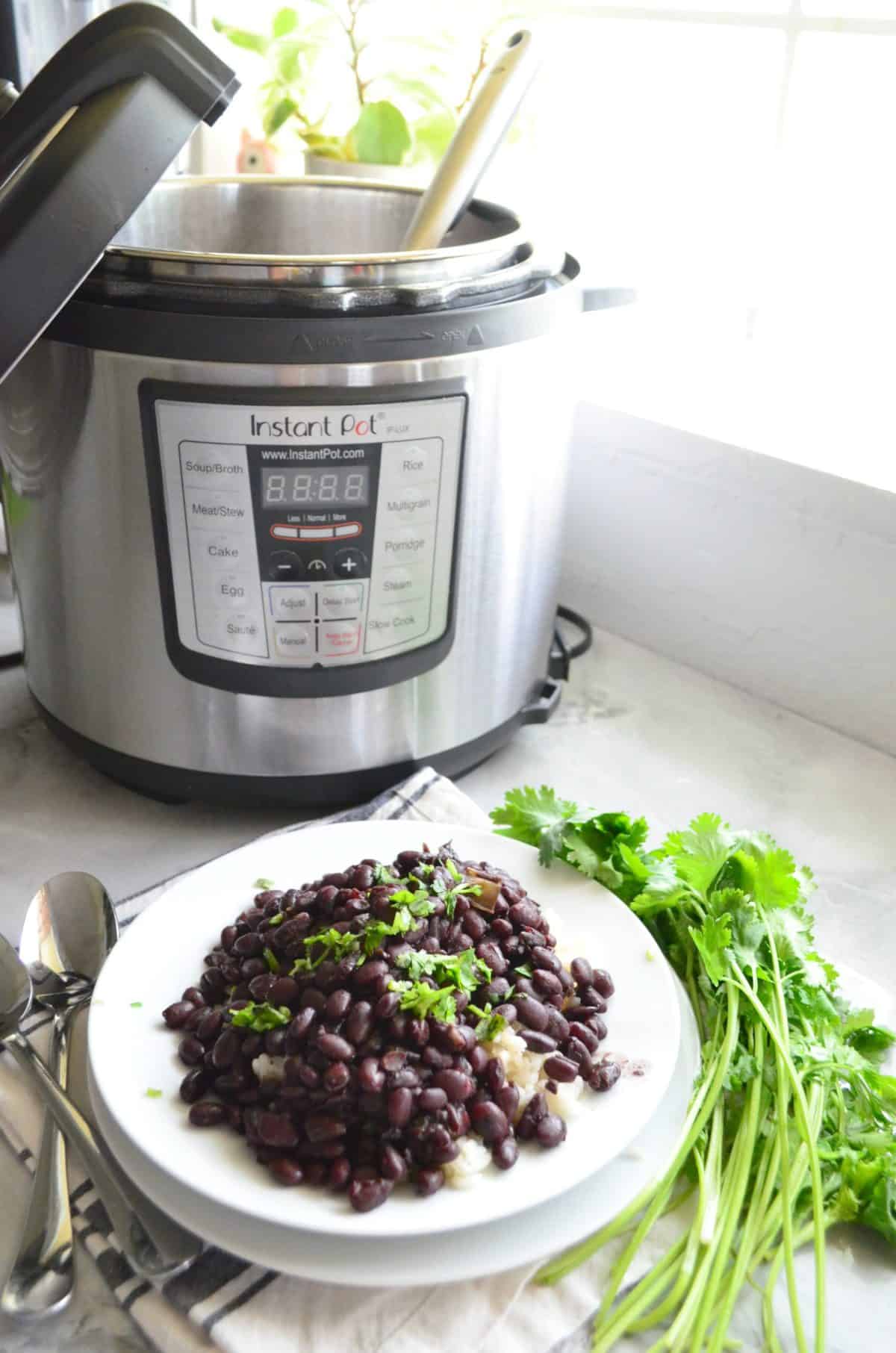 black beans with chopped fresh cilantro over bed of white rice on white plate in front of instant pot.