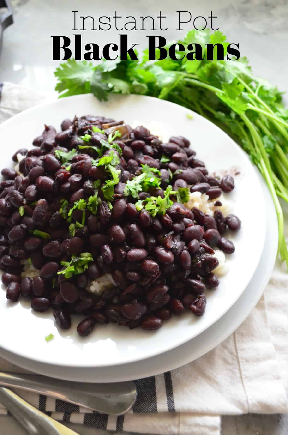 black beans with chopped fresh cilantro over bed of white rice on white plate by cilantro with title text.