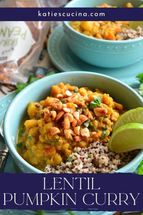 Two bowls filled with pumpkin curry and quinoa with lime wedges with recipe title text on image for Pinterest.