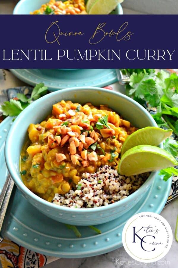 Two aqua bowls filled with curry and quinoa with recipe title text on image for Pinterest.