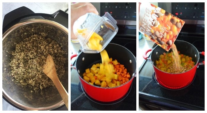3 photo collage of making quinoa in pot and adding squash blend.