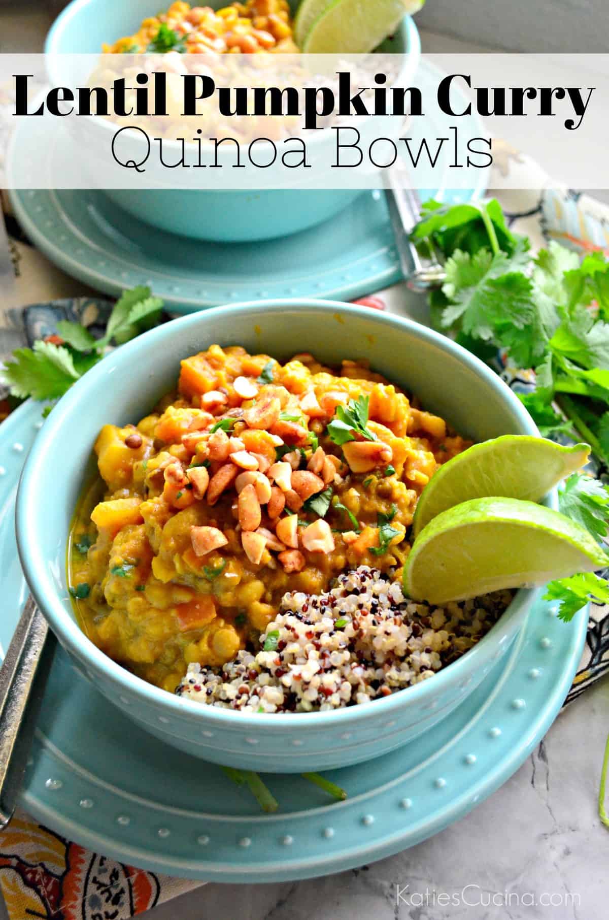 Blue bowl of lentils with nuts, quinoa, herbs, and lime on top of matching blue plate with title text.