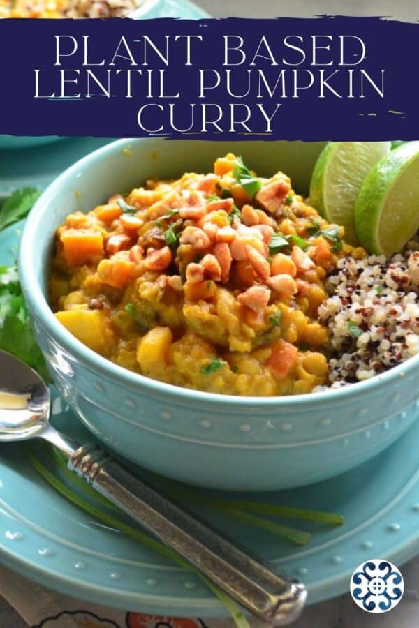 Close up of an aqua bowl filled with pumpkin curry with recipe title text on image for Pinterest.