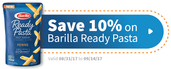 coupon with barilla logo that says Save 10% on Barilla Ready Pasta.