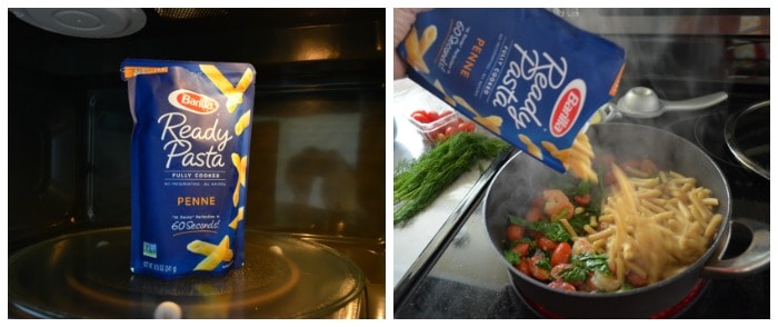 two photo collage of Barilla Ready Pasta in bag in microwave, then being poured into pot with ingredients.