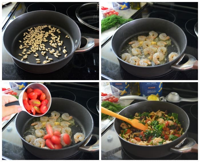 4 photo collage of process of cooking ingredients for pasta dish in one pan.