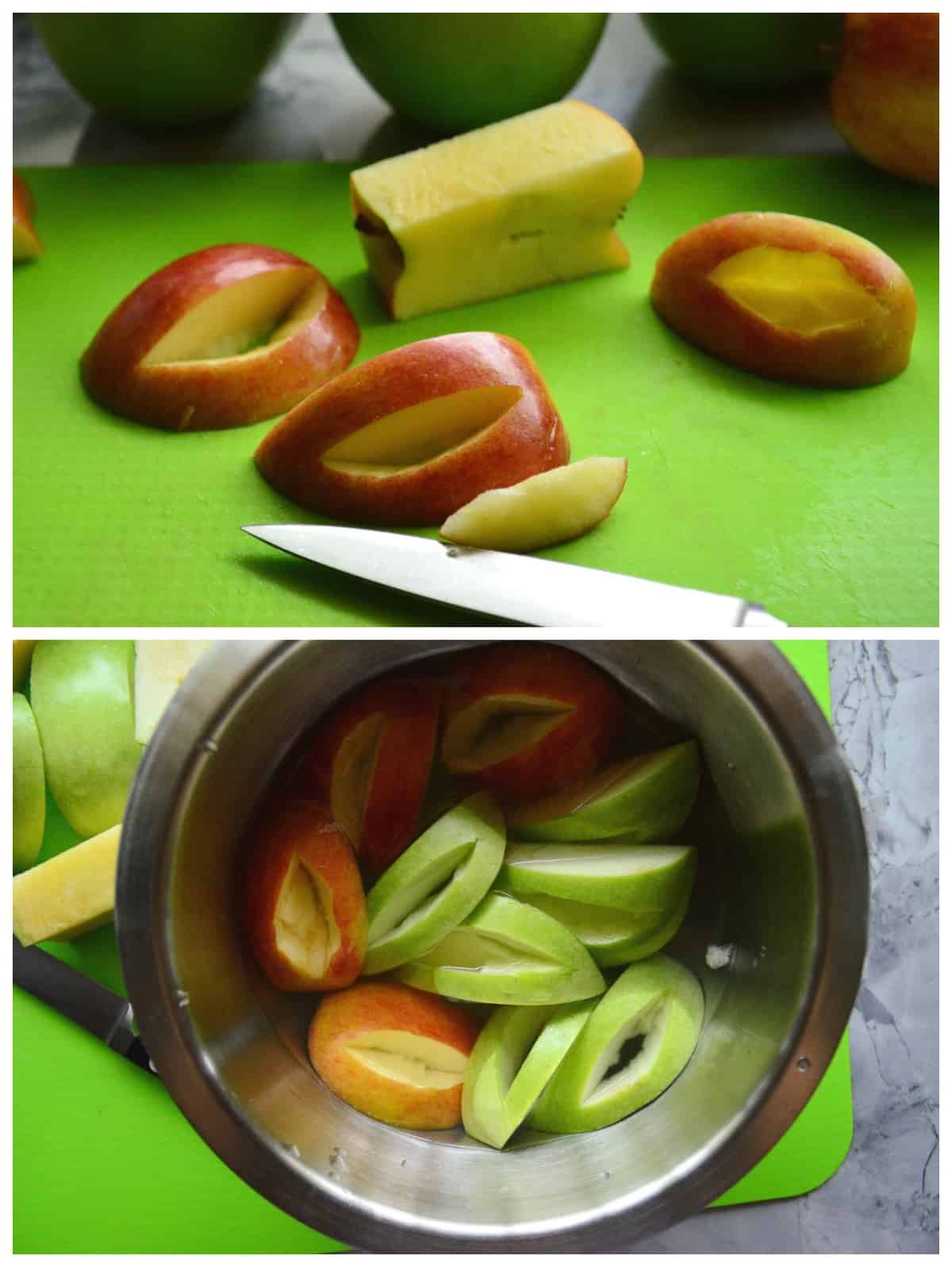 apple slices with smaller incision slices in the center of the skin side in preparation for creating monsters' mouths.