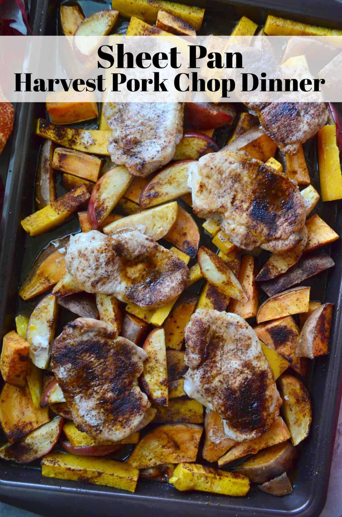 top view of seasoned pork chops, sliced apples, and sliced butternut squash on sheet pan with title text.