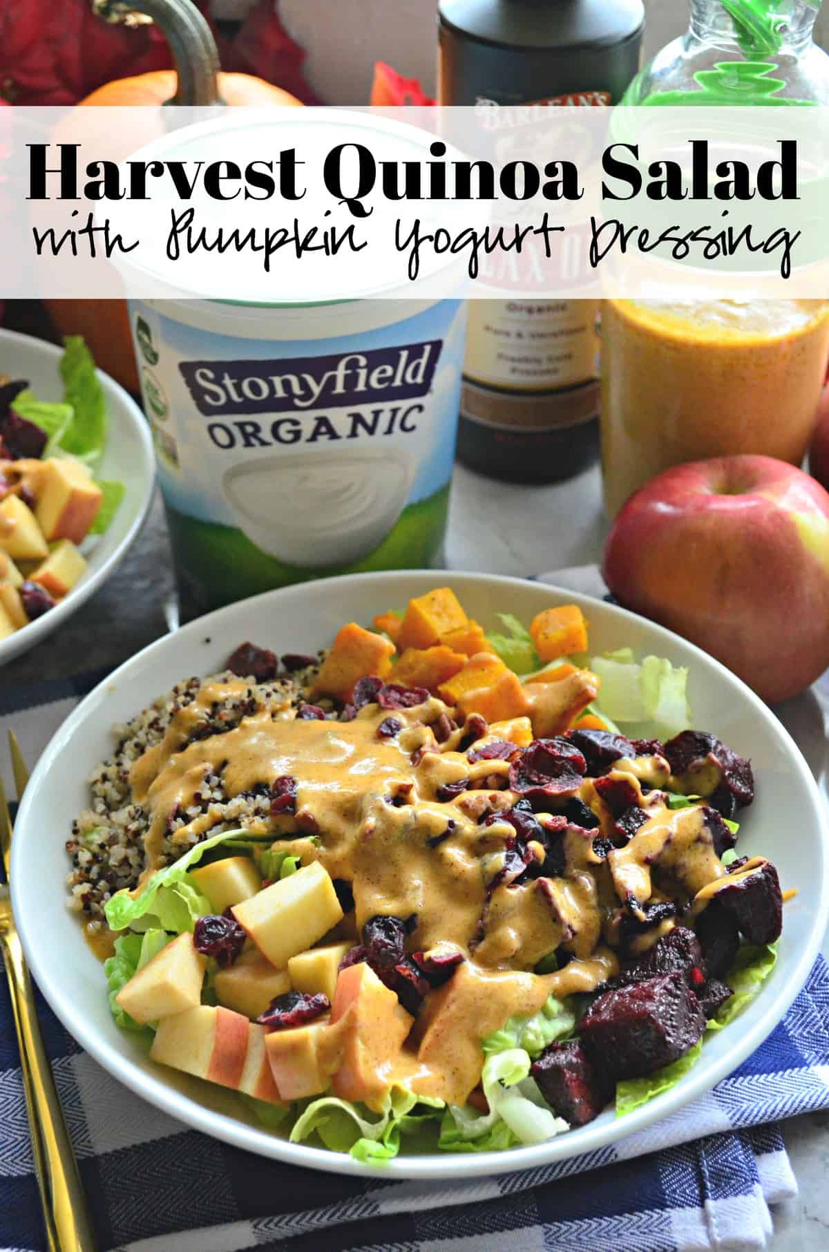 bowl of quinoa with beets, pumpkin, apple, cranberry, lettuce, apple, and dressing with title text.