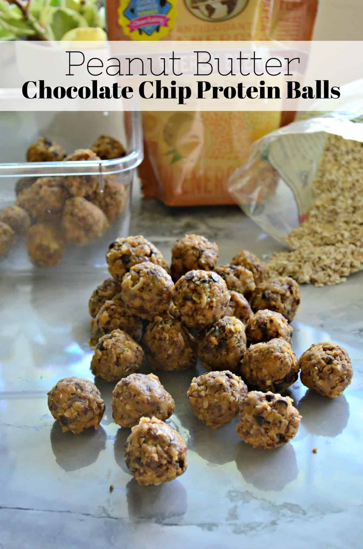 Peanut Butter Chocolate Chip Protein Balls on countertop in front of ingredients and tupperware with title text.