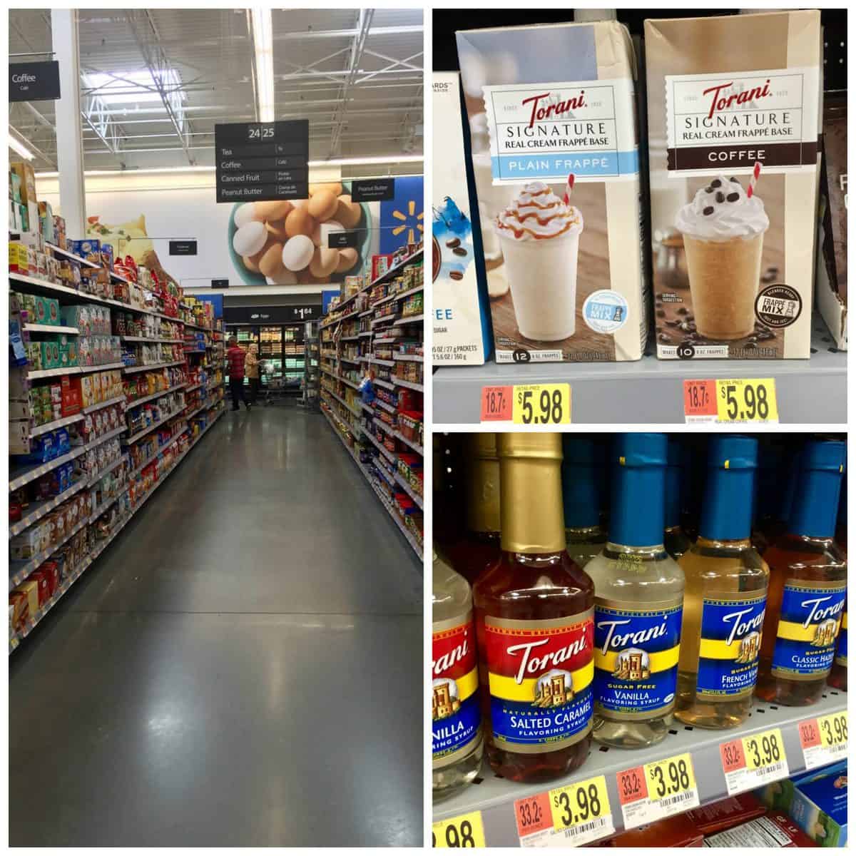 3 photo collage of Torani Real Cream Frappe Mix at Walmart in aisle and on shelf.