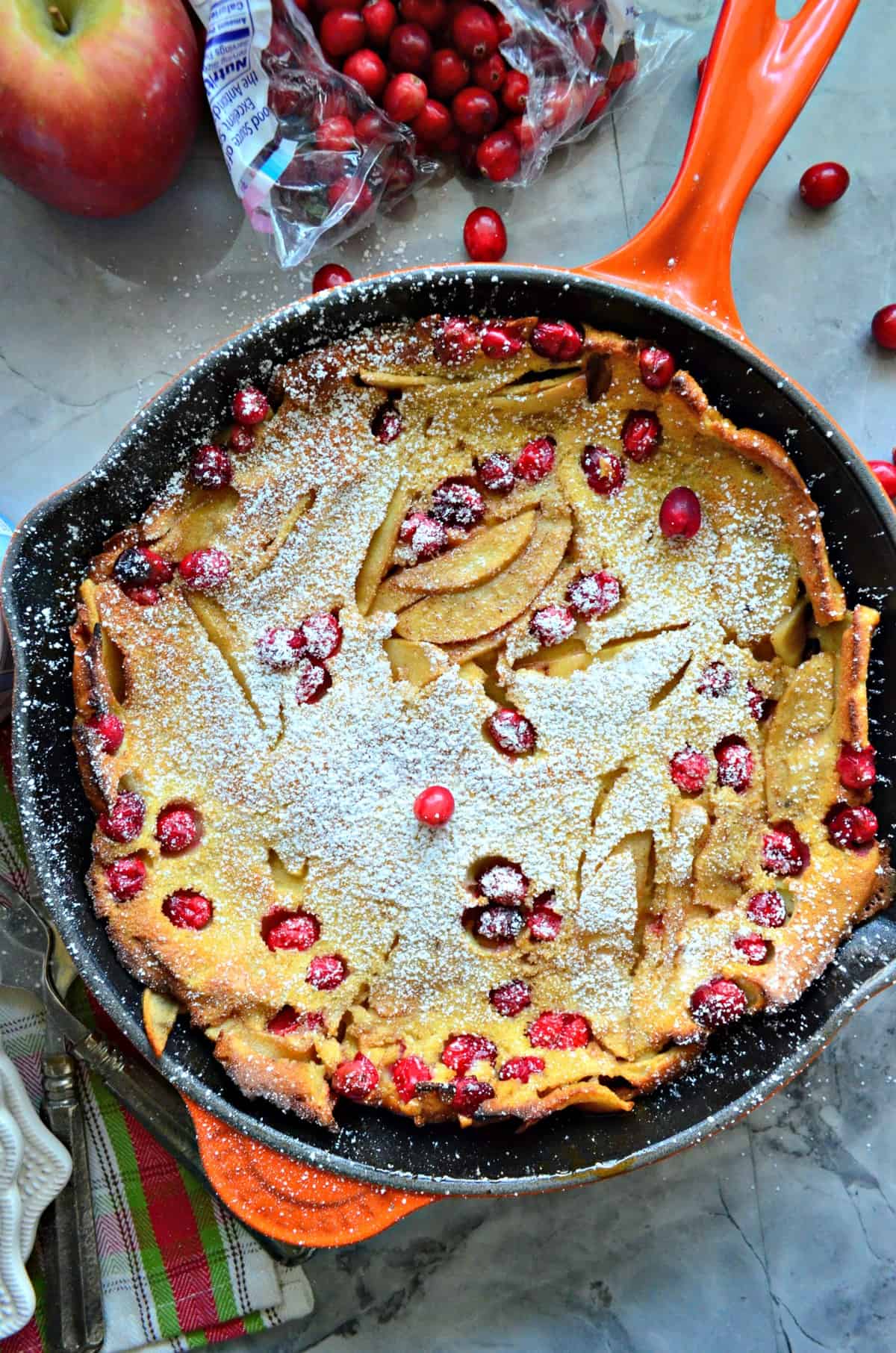 pancake-like pastry with apples and cranberries baked into it in skillet topped with powdered sugar.