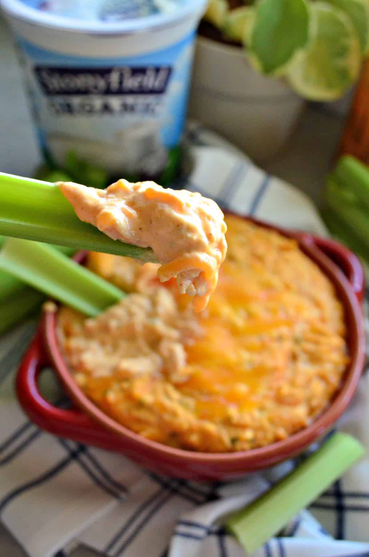 close up of dipped piece of celery with thick orange cheesy dip on it.