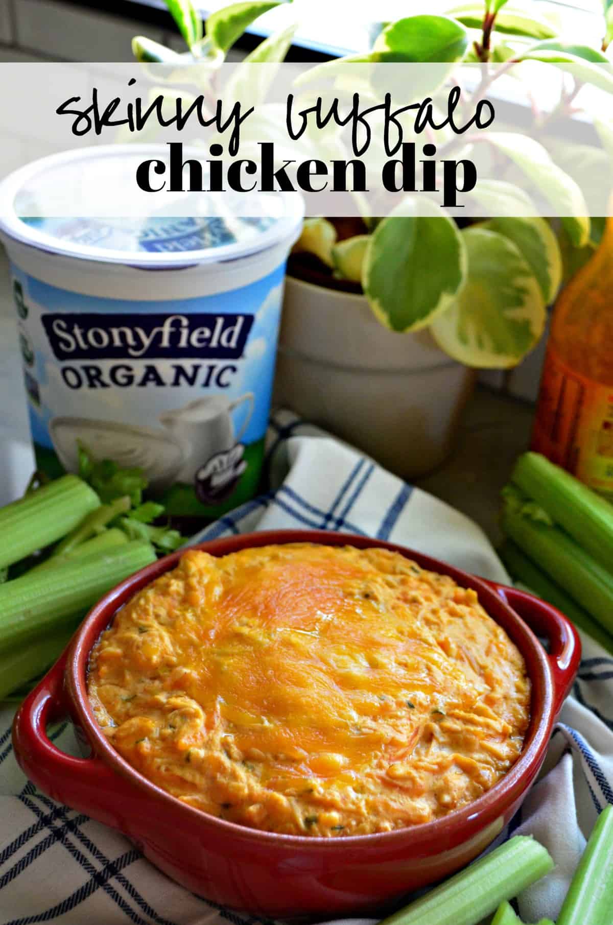 thick orange dip topped with melted cheese in small red bowl next to celery and with title text.