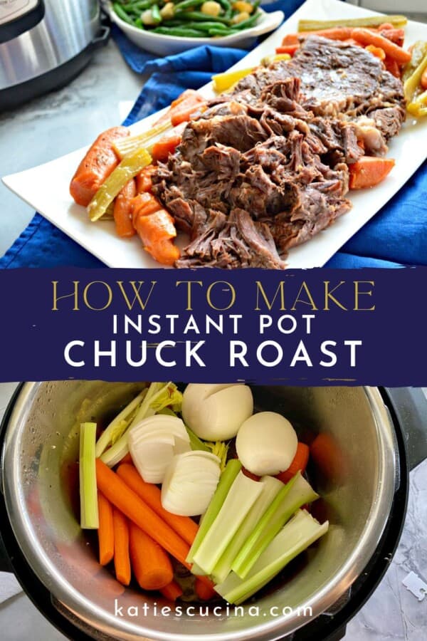 White dish with shredded beef and vegetables divided by text for Pinterest and a silver pot with raw vegetables below.