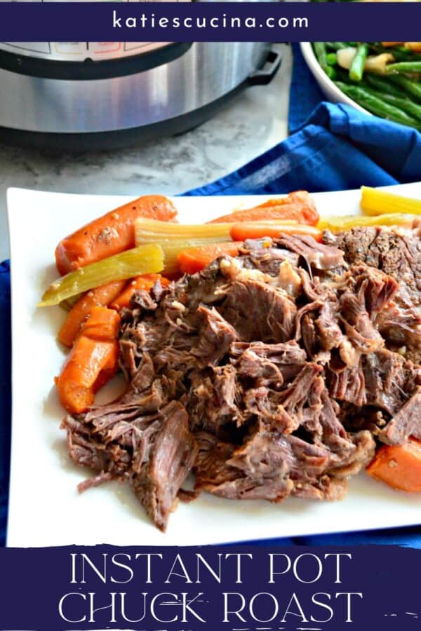 Shredded beef and cooked carrots and celery on a white platter with recipe title text on image for Pinterest.