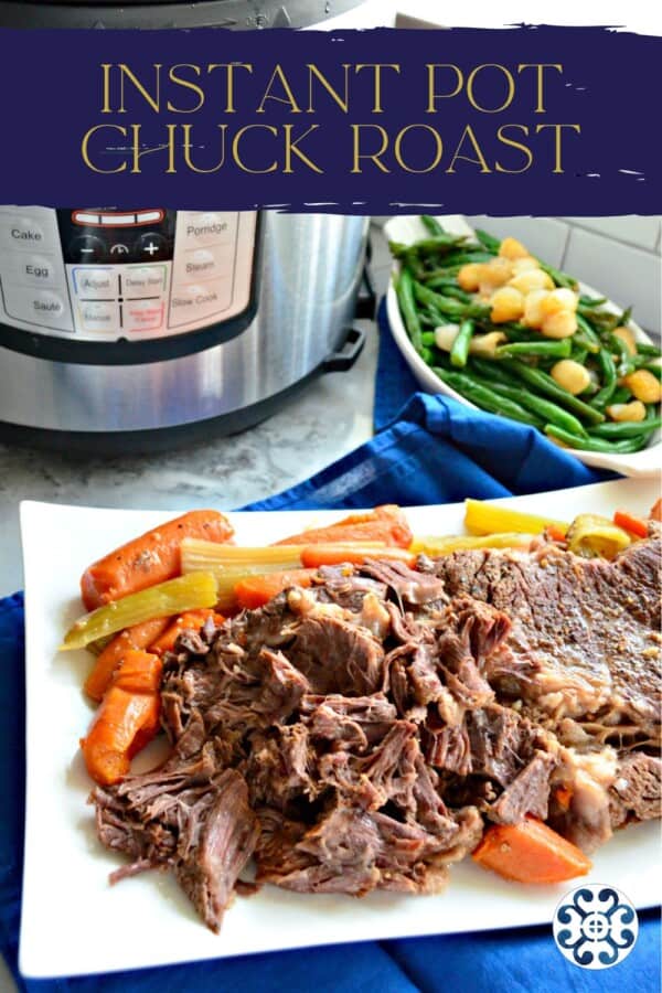 White dish with shredded beef and vegetables with recipe title text on image for Pinterest.