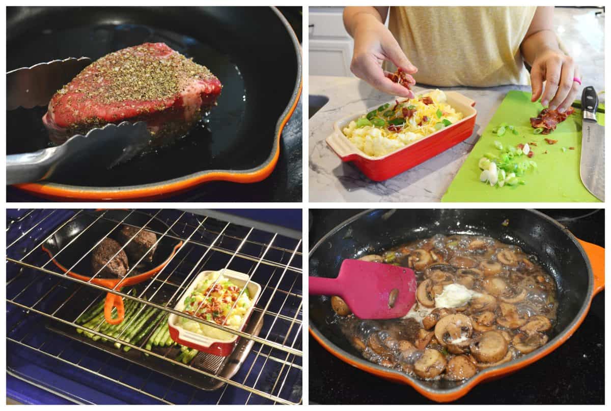 4 photo collage of steak dinner being made with veggies being chopped, steak in skillet, and items in oven.