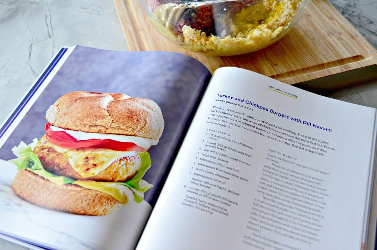 cookbook opened up to recipe for Turkey and Chickpea Burger with Dill Havarti.