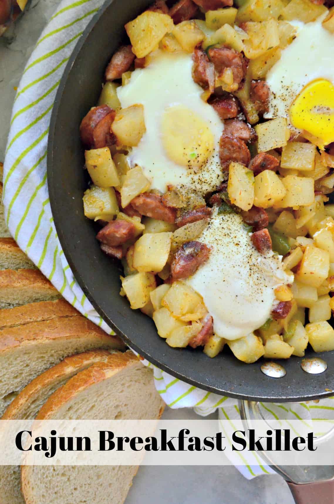 top view of diced potatoes, sausage, over easy eggs, peppers, and pepper in skillet with title text.