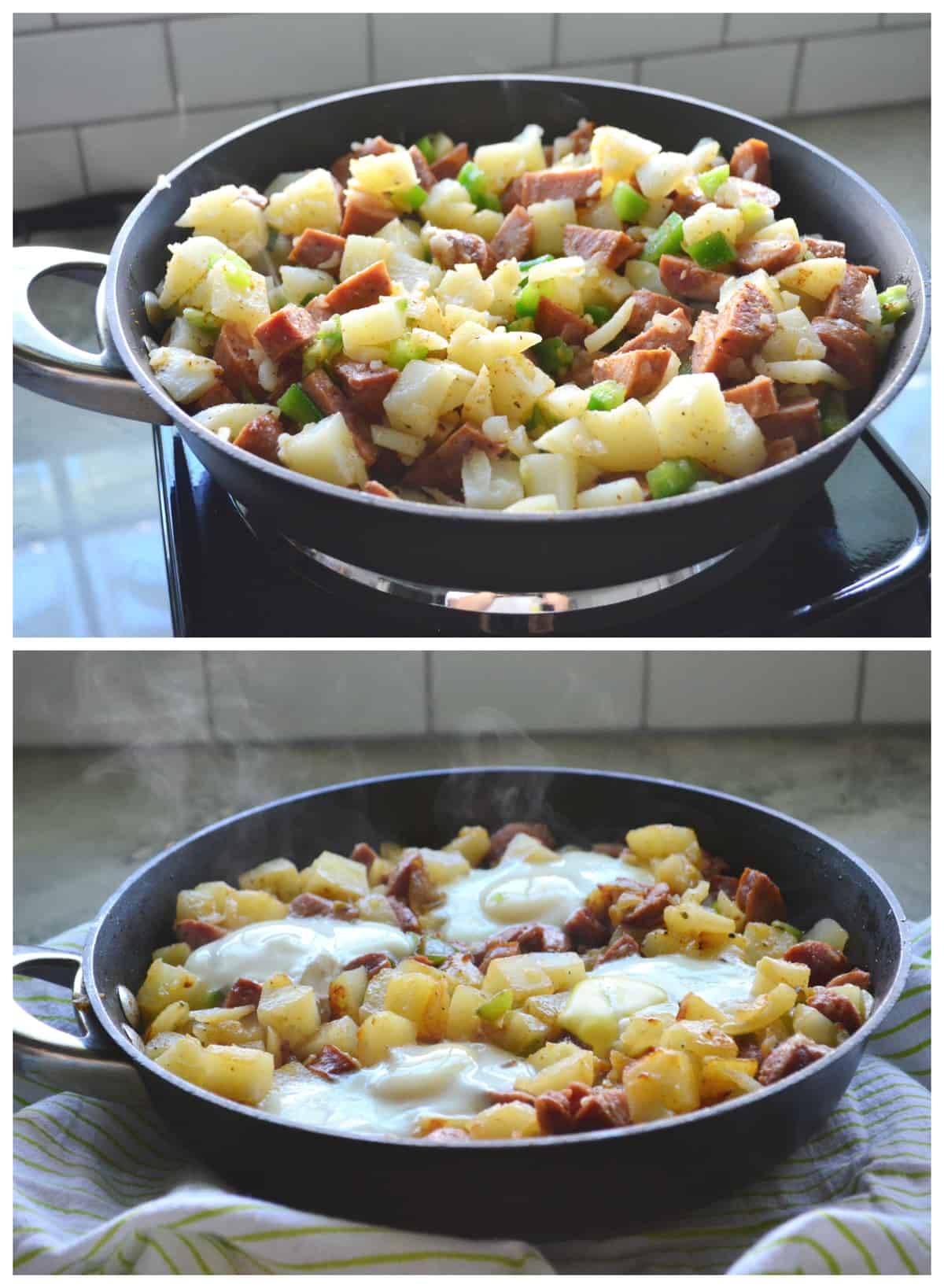 Two photos, both of potatoes, sausage, peppers and onions in a skillet.