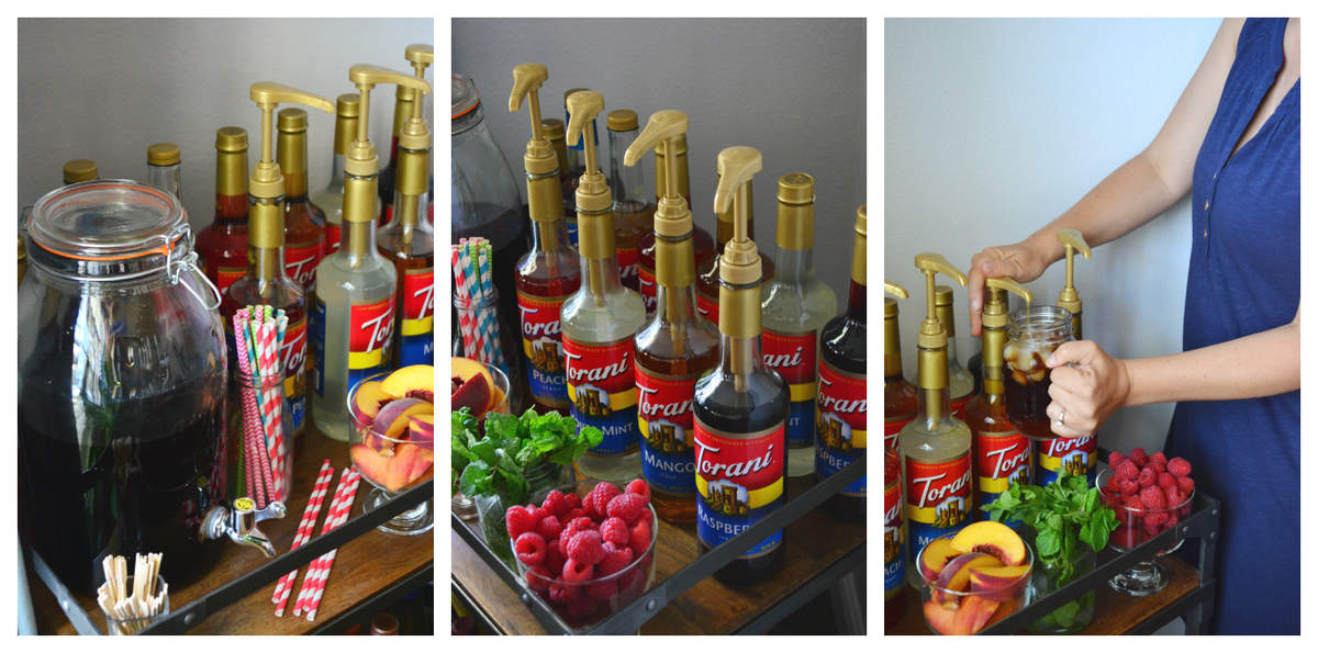 3 photo collage of bar cart with 10 torani syrup flavors decoratively placed with garnish options.